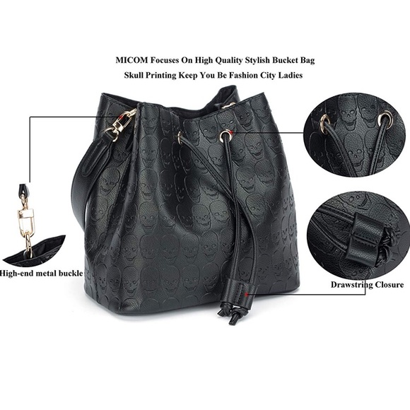 Skulls Bucket Bag Black Leather - Picture 3 of 7